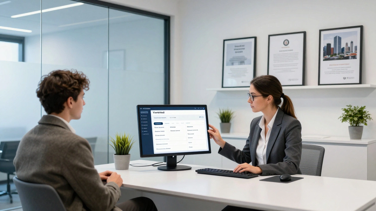 A professional reviewing verified escort profiles on a monitor in a modern agency office with minimalist decor.