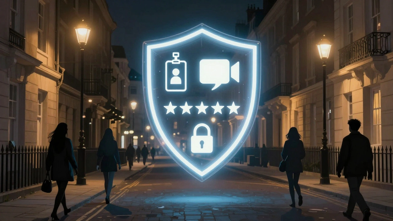 A protective shield of verification symbols glowing over a quiet London street at night.