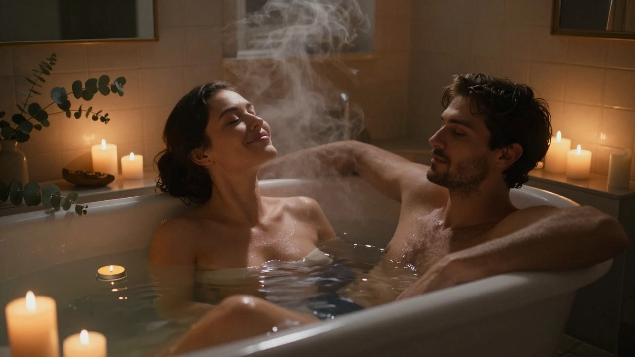A quiet, intimate moment in a candlelit bathtub, with two people sharing serene closeness in a luxurious London flat.