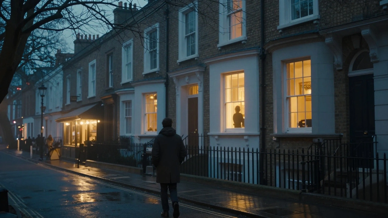A quiet street in Muswell Hill at dusk, with a person walking under glowing windows, evoking quiet connection.