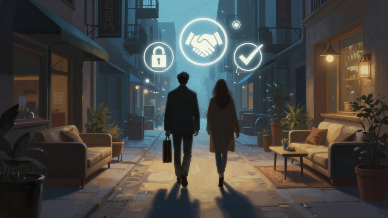 A symbolic path leading to a private lounge with safety icons floating around, representing trust and consent.