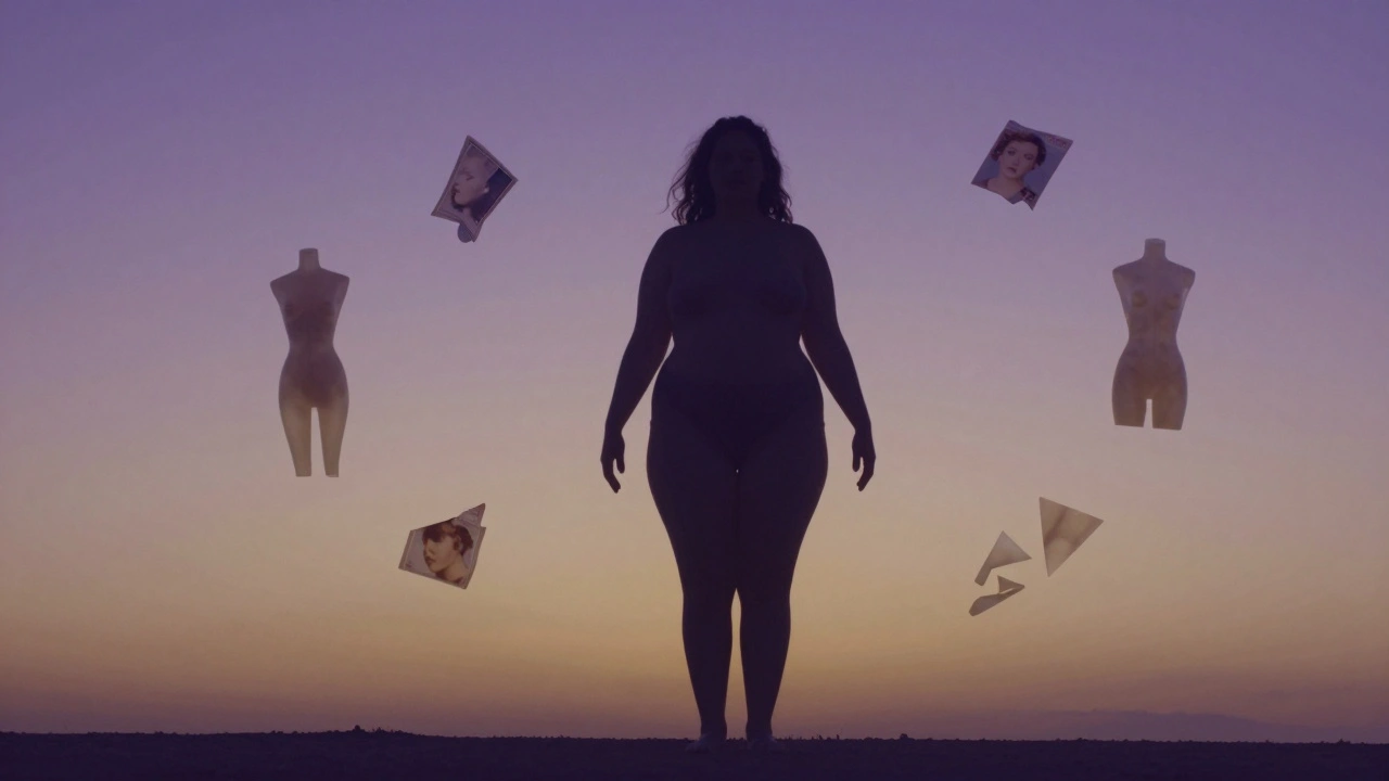 A tall silhouette of a confident woman standing as shattered beauty ideals dissolve into smoke around her.