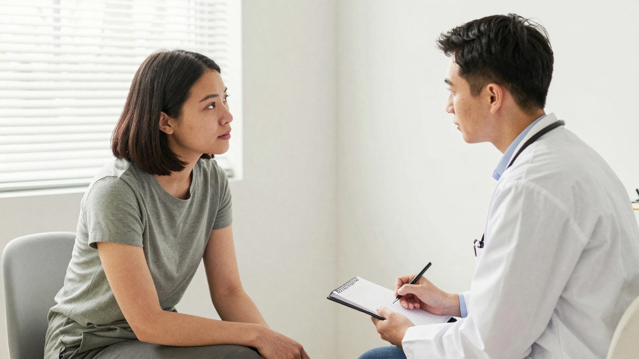 A therapist and sex worker sit facing each other in a calm office, sharing a quiet, trusting moment without clinical tools, soft light filtering through blinds.