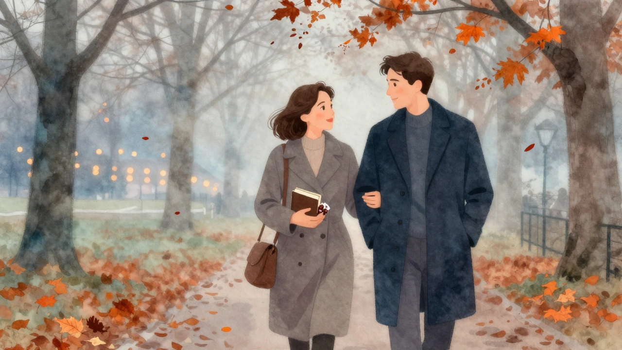 A woman and man walking peacefully through a misty Berlin park, autumn leaves around them.