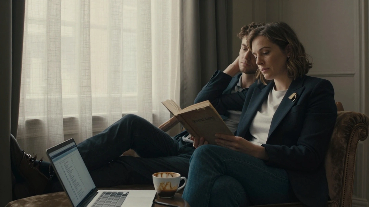 A woman in intellectual attire reads Borges in a sunlit London flat, a man listens nearby in peaceful silence.