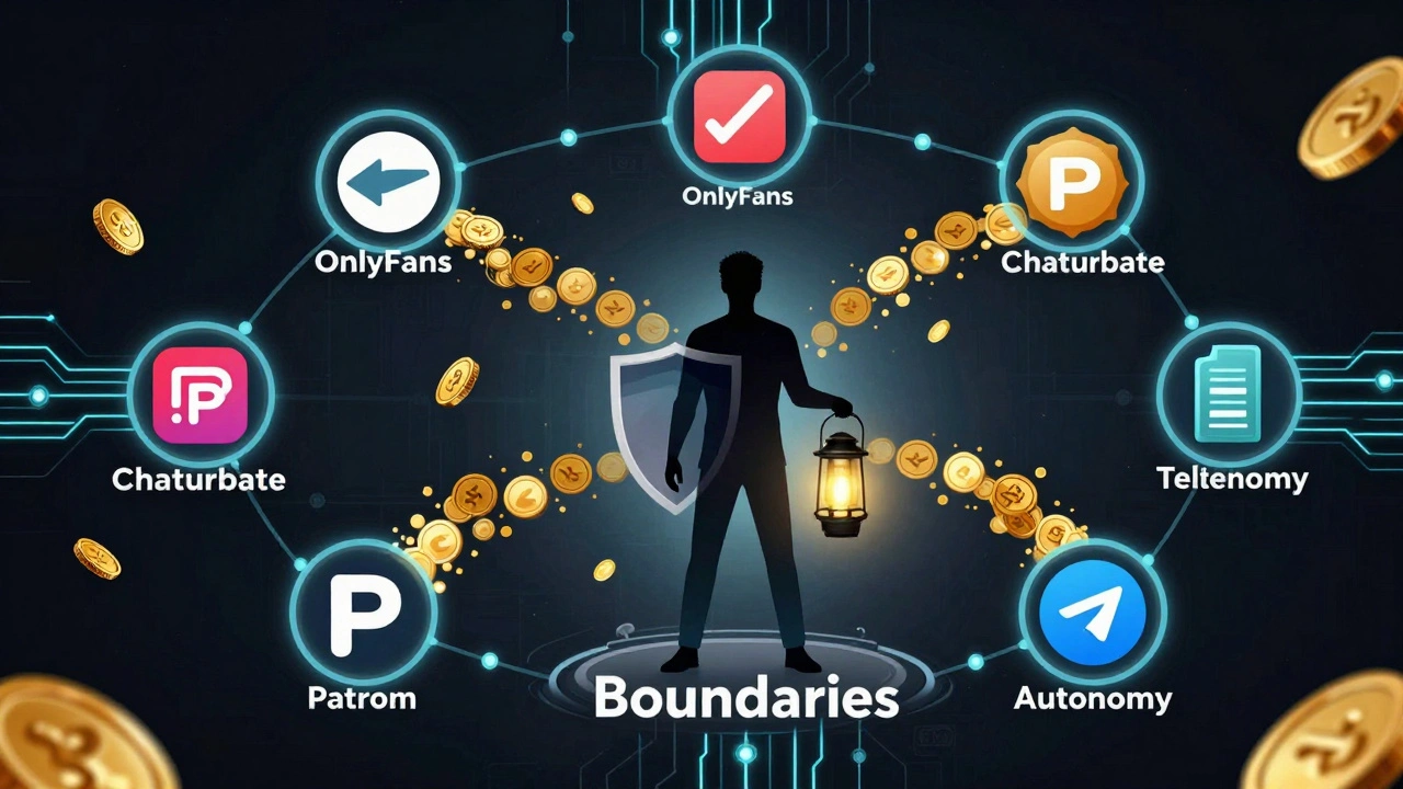 Abstract digital network with coins and a person holding a shield labeled 'Boundaries', symbolizing autonomy in online sex work.