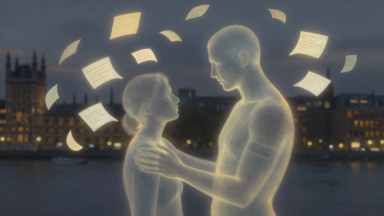 An abstract image of two figures connected by glowing fragments representing meaningful conversation and emotional presence.