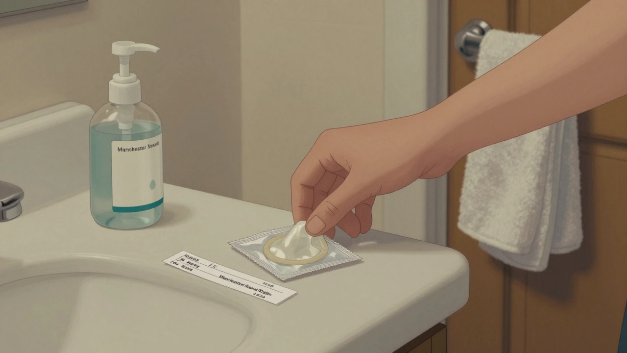 Condom, sanitizer, and STI test result on a bathroom counter, softly lit and neatly arranged.