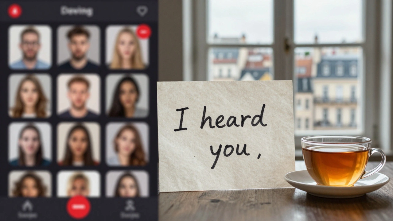 Contrast between a cluttered dating app screen and a simple handwritten note with tea.