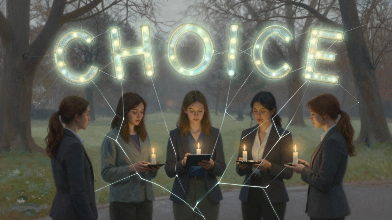 Fragmented mirror reflecting different life roles of a woman, with glowing threads forming the word 'CHOICE'.