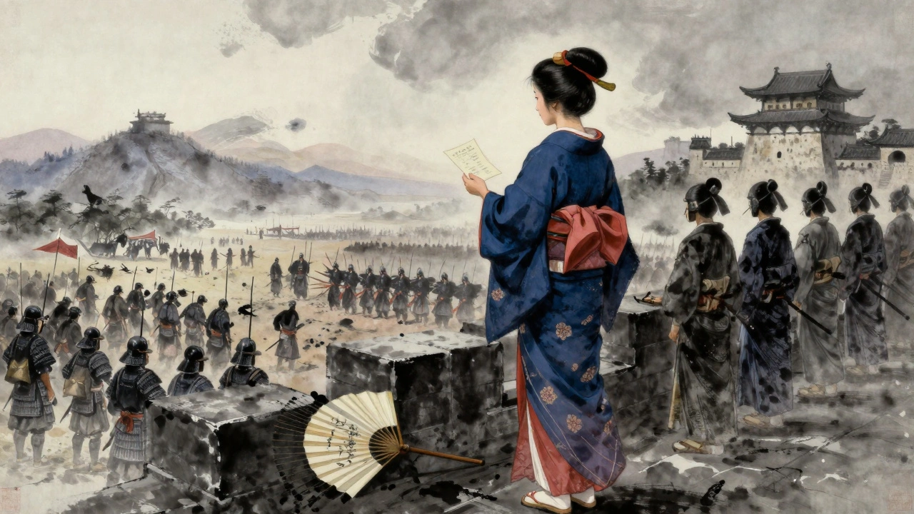 Lady Mariko on a castle rampart at dawn, holding a political letter as samurai bow below.