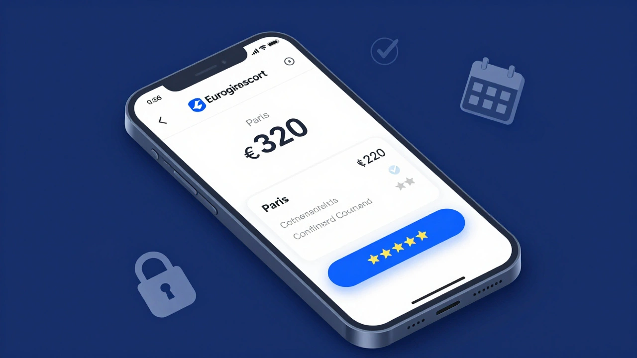 Smartphone screen showing secure Eurogirlescort booking with payment confirmed and trust icons.