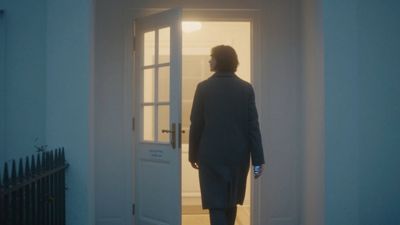 Someone walking away from a door at dawn, smiling, with a text message visible on their phone.