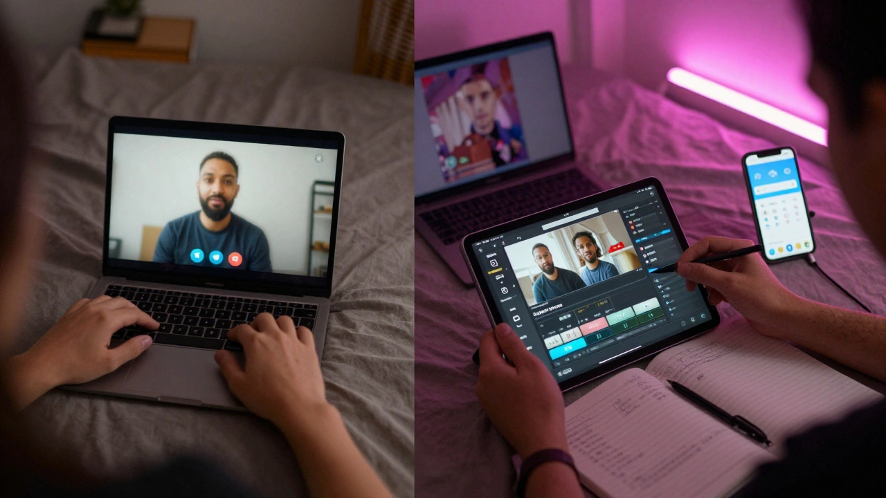 Split scene of someone doing a private video call and editing content, with safety tools like VPN and burner phone visible.
