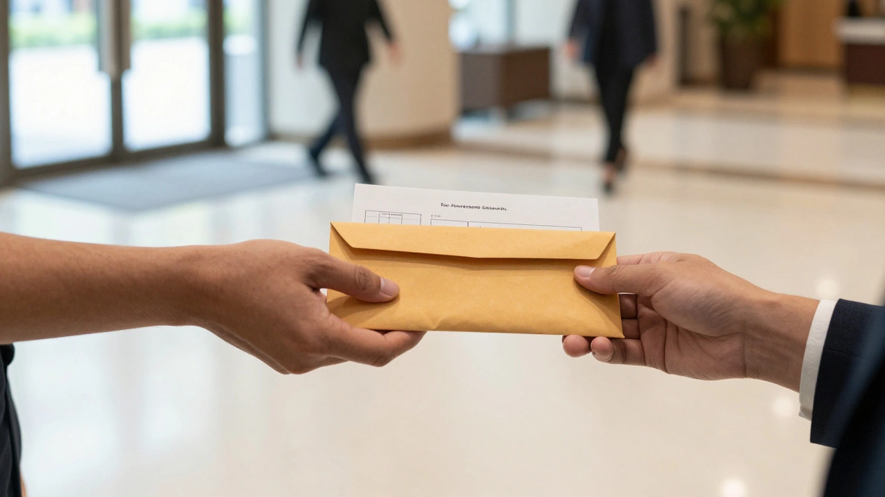 Two hands exchange cash and a signed consent form in a hotel lobby, emphasizing mutual respect.