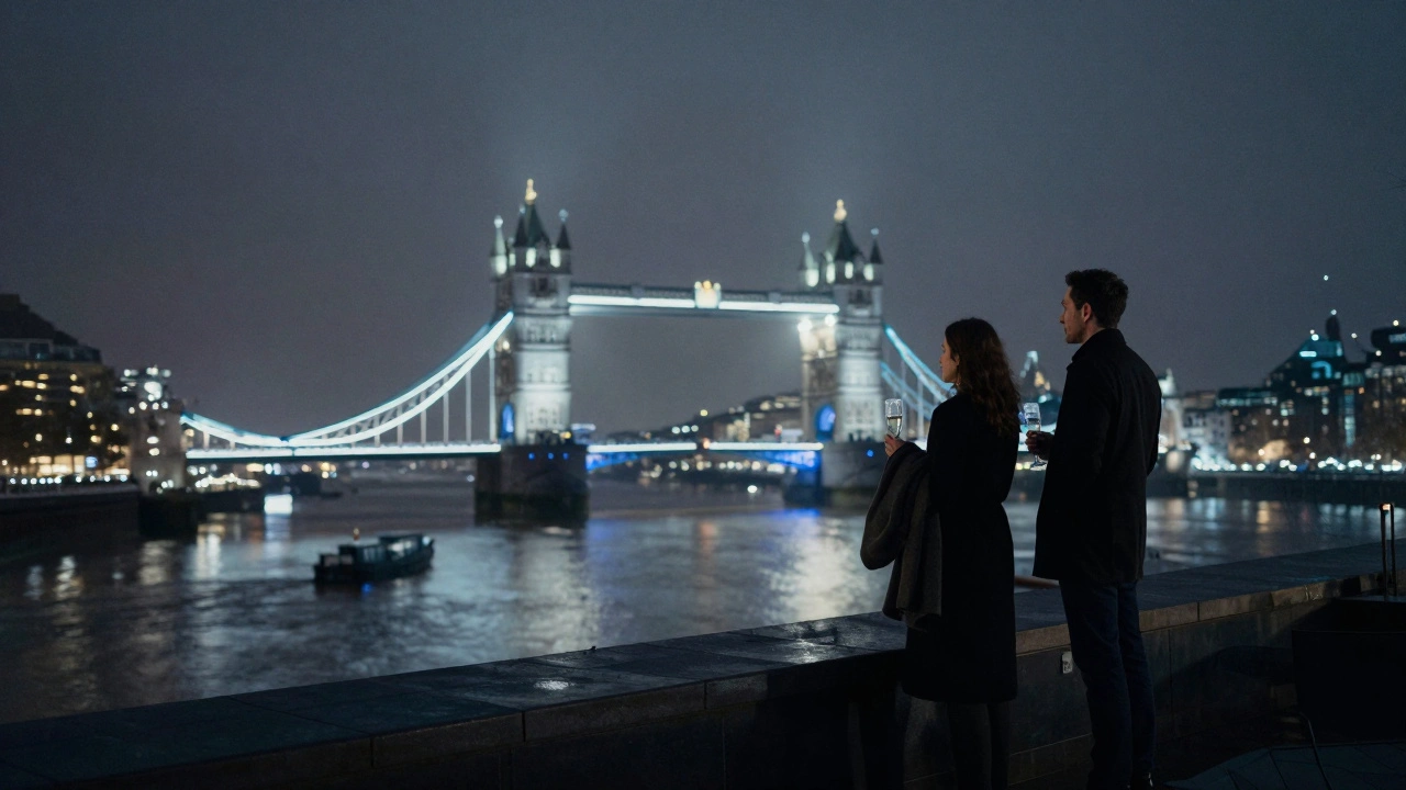 Two people standing silently on a rooftop terrace overlooking the Thames at night.