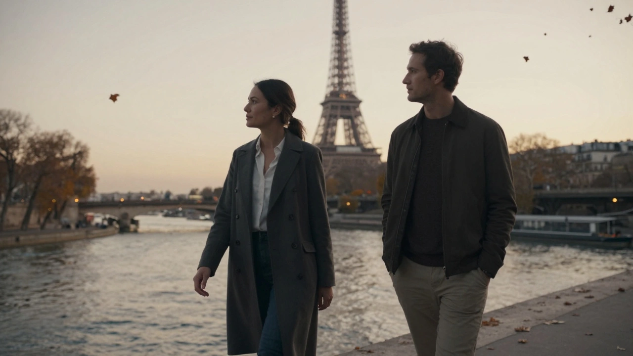Two people walking peacefully along a river at sunset, enjoying quiet companionship.