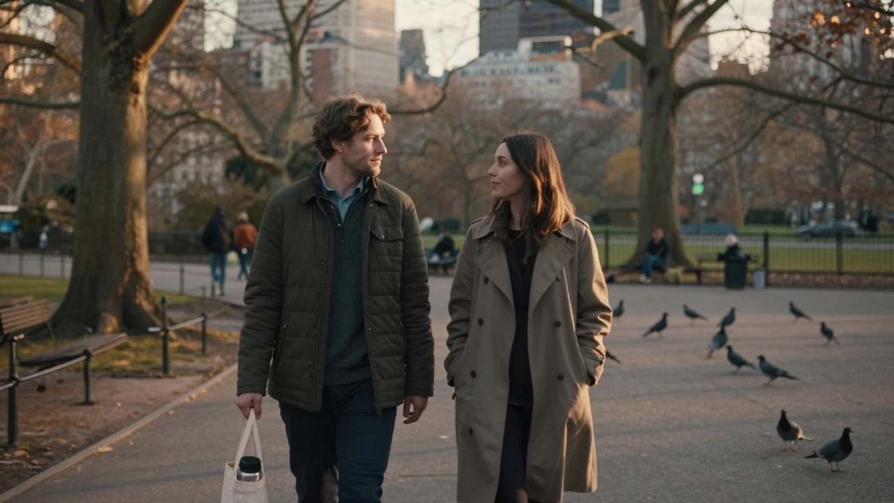 Two people walking peacefully through Hyde Park at sunset, sharing quiet companionship.