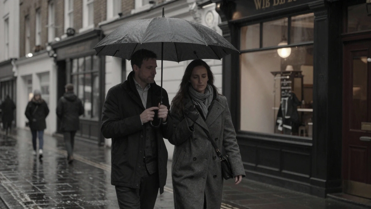 Two people walking together under an umbrella in a rainy London street at dusk, sharing quiet companionship.