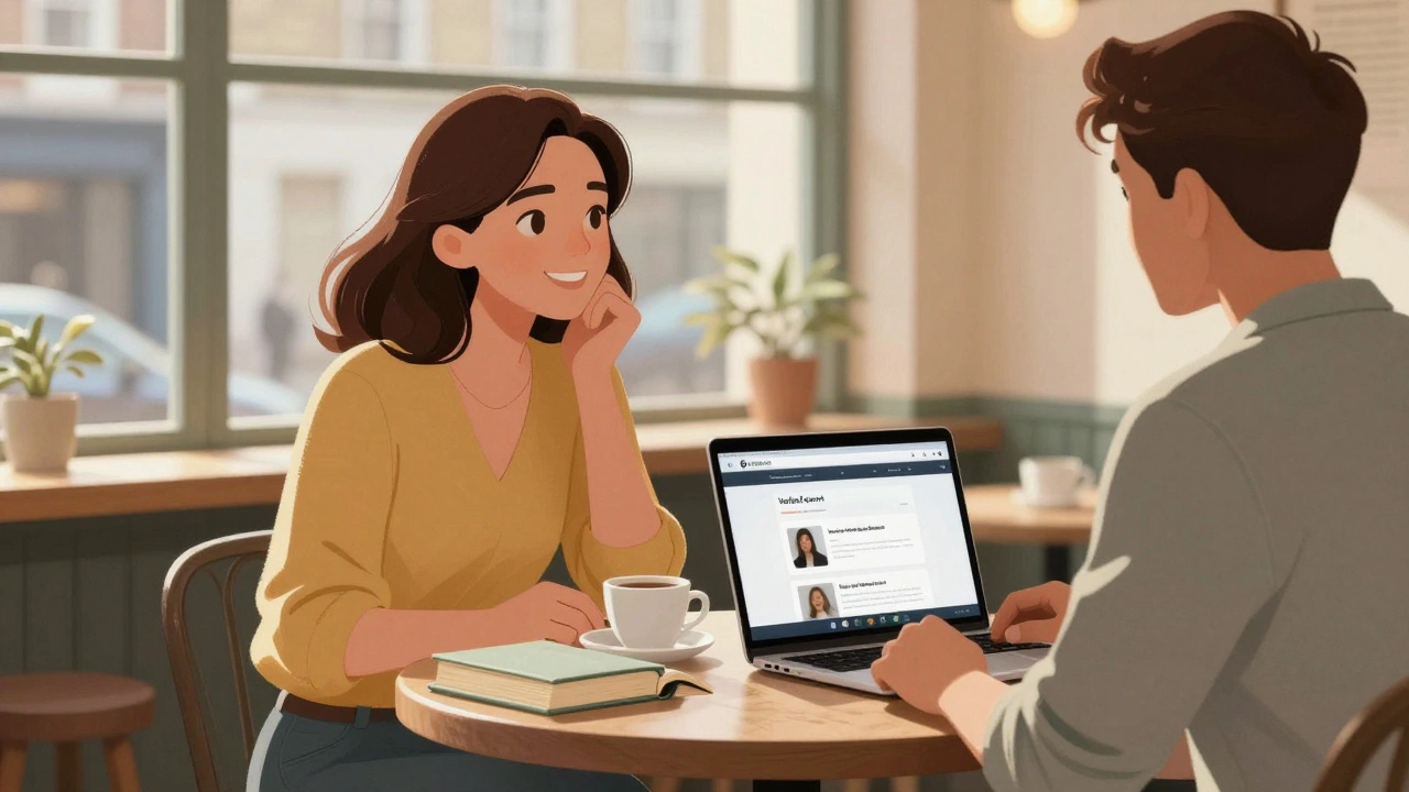 Woman and man having a thoughtful conversation over coffee in a London café.