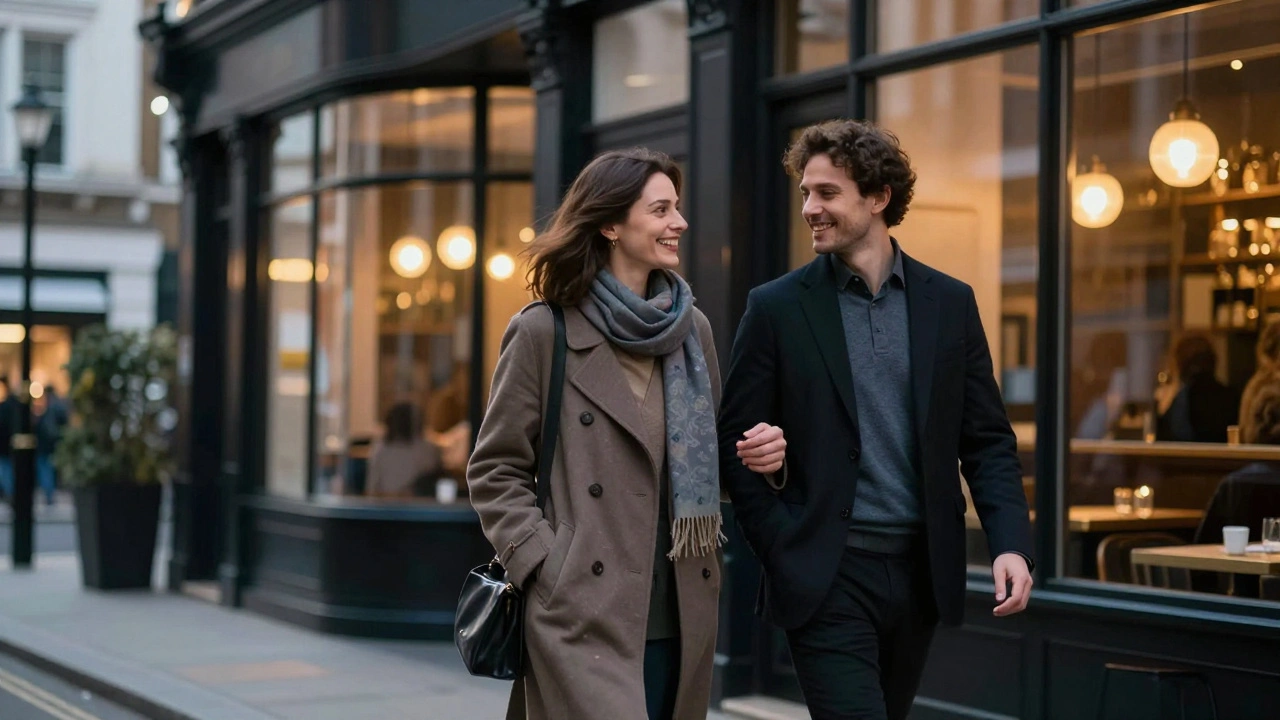 A companionable couple walking together through a softly lit London street at dusk.