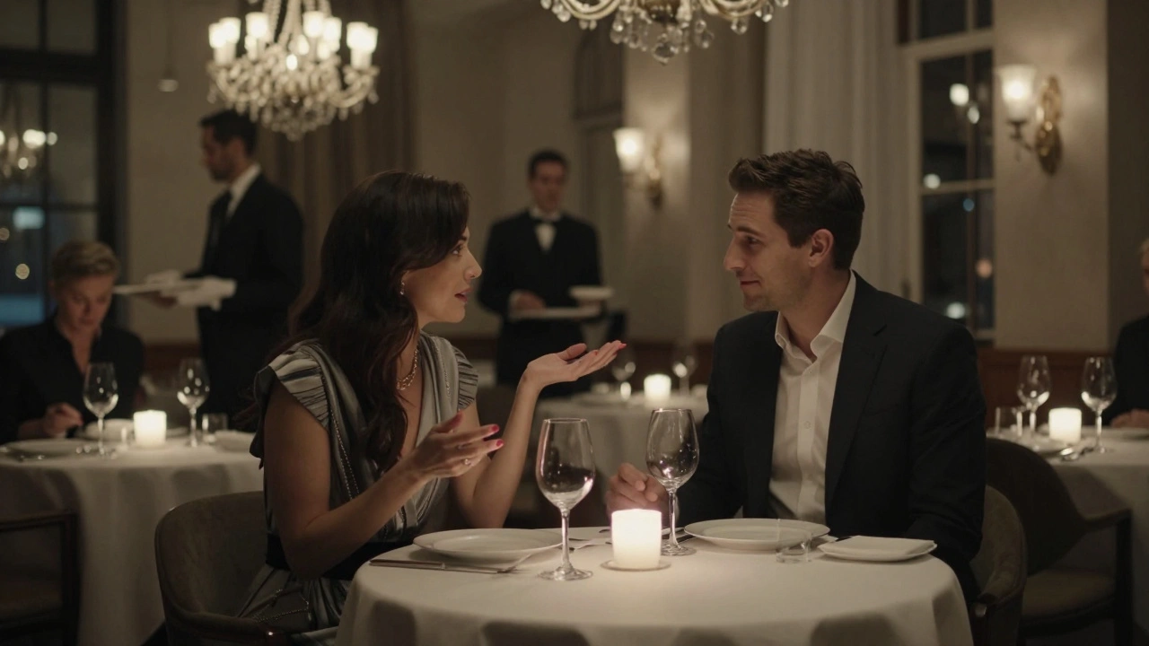 A couple enjoying a quiet dinner at a high-end London restaurant under candlelight.