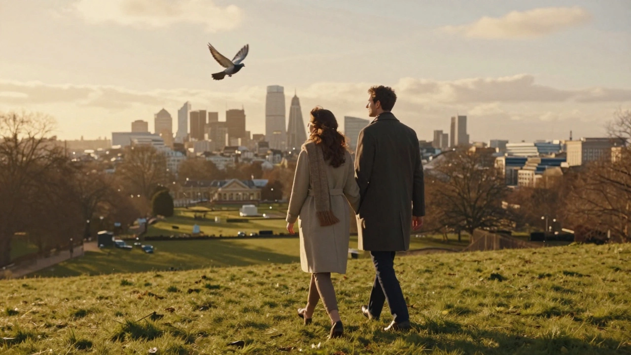 A couple walking along Parliament Hill at sunset, overlooking London’s skyline, dressed elegantly in casual luxury attire.