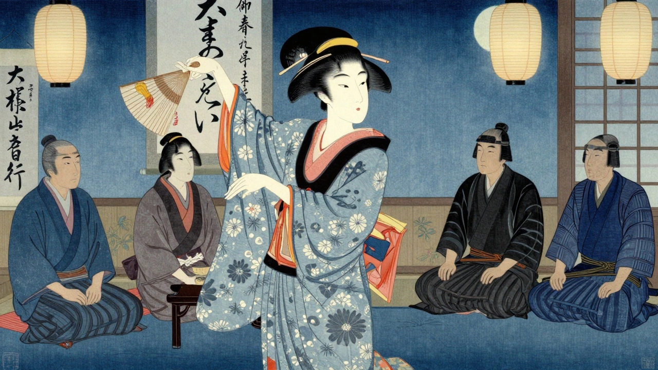 A courtesan performing a graceful dance in a moonlit Japanese teahouse, captivating scholars.