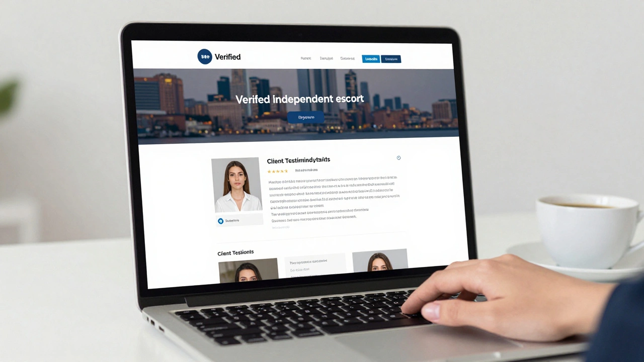 A laptop screen showing a verified escort profile with social media links.