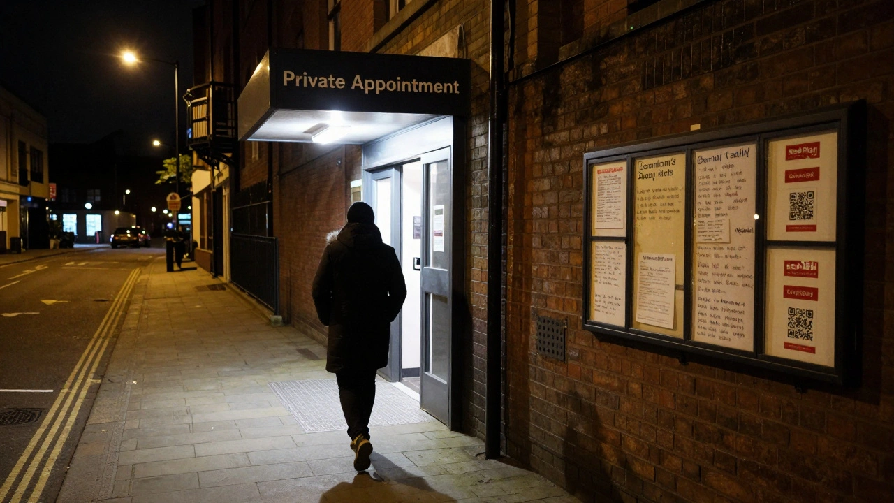 A lone figure walks toward a discreet entrance at night, with a community safety board visible nearby, symbolizing peer support and vigilance.