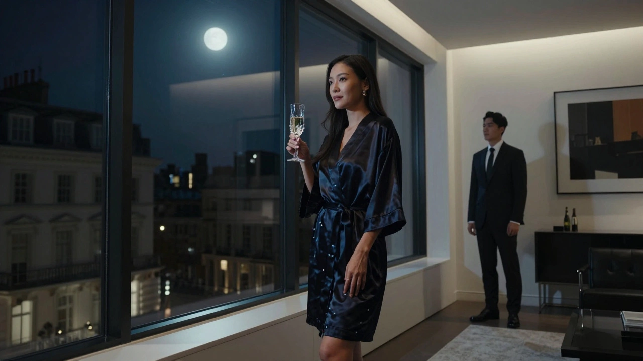 A luxury escort in a designer robe holding champagne in a high-end London penthouse, elegant and distant.