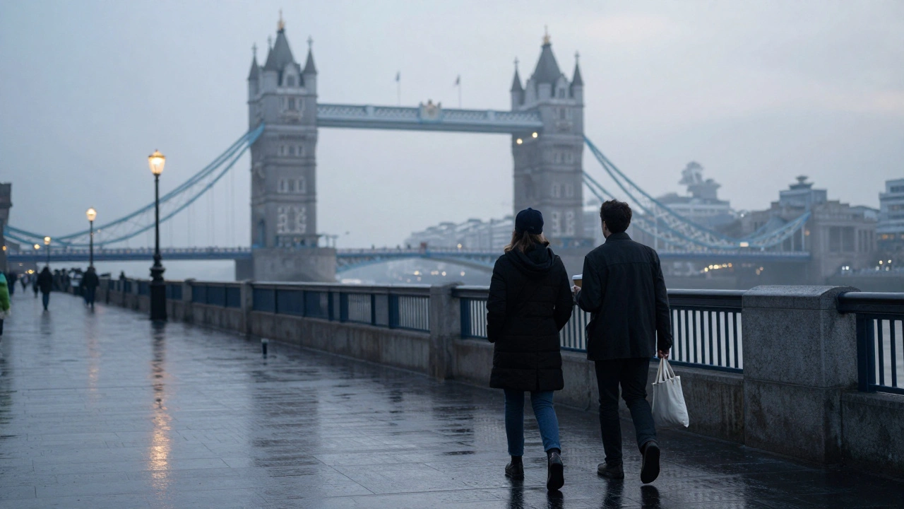 A man and woman stroll peacefully along the Thames at dawn, shadows stretching ahead.