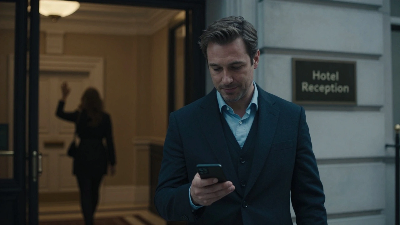A man leaving a London hotel with a peaceful expression, symbolizing a safe, respectful escort experience.