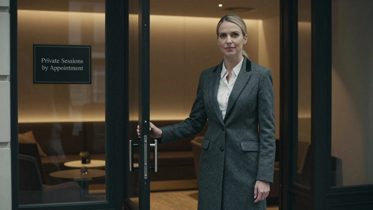 A professional companion welcoming a client into a discreet, elegant hotel lounge in London.