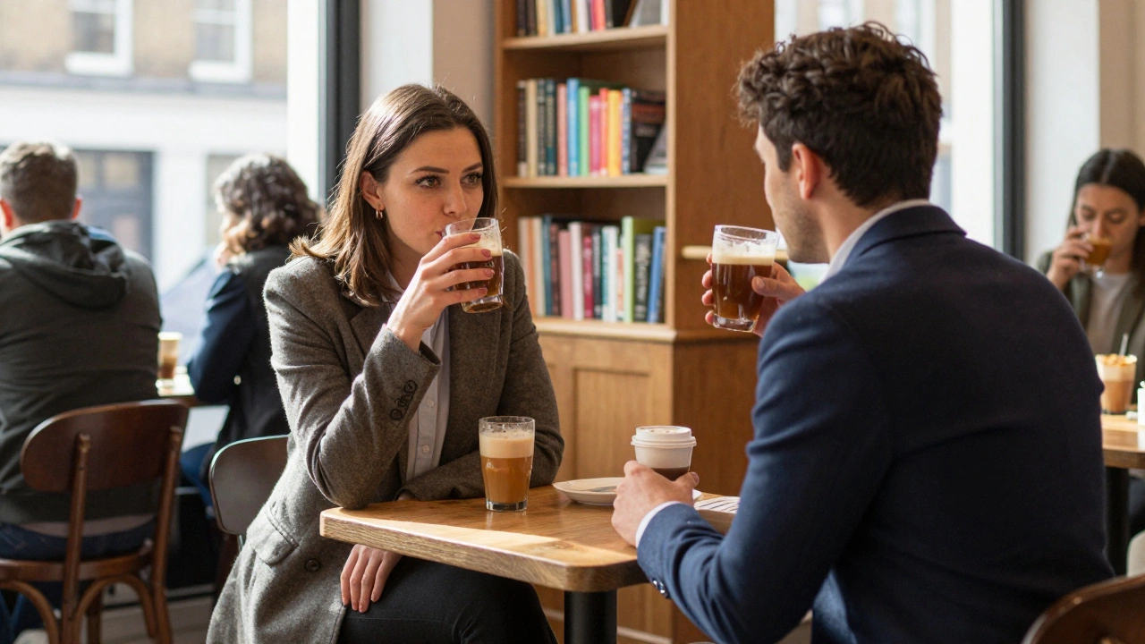 A professional escort meeting a client for the first time in a quiet London coffee shop, both engaged in natural conversation.
