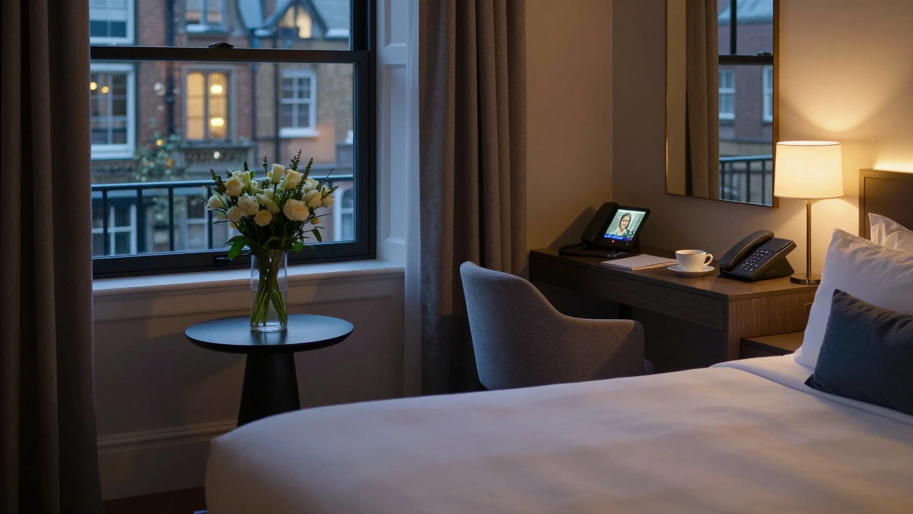 A quiet, inviting hotel room with a teacup and note, symbolizing a safe meeting.
