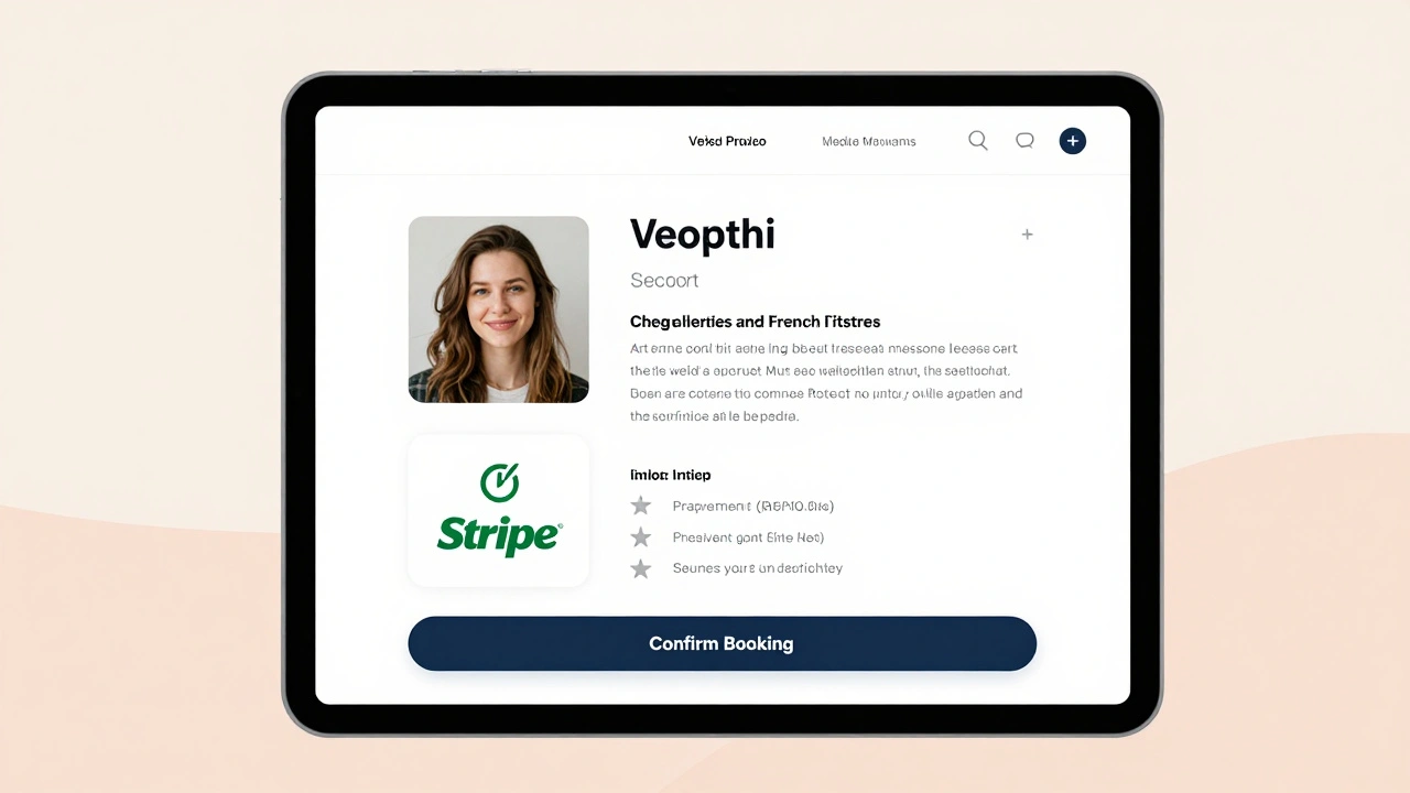 A secure online booking interface showing a verified escort profile with real photos and client reviews.