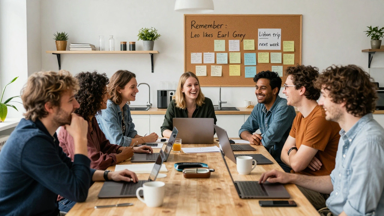 A small team in a Berlin kitchen, working with handwritten notes and coffee, no corporate branding.
