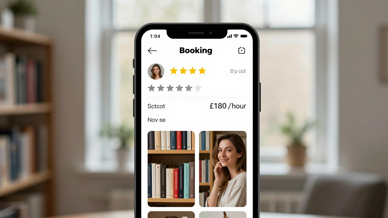 A smartphone screen displaying a clean, verified escort profile with transparent pricing and authentic photos beside books in a cozy home setting.