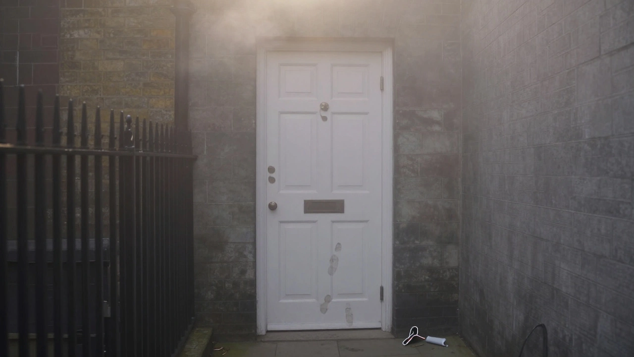 A solitary door in a foggy alley at dawn, symbolizing the aftermath of a casual encounter.