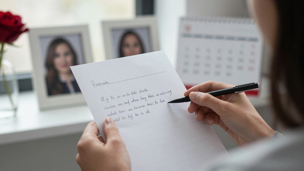A woman's hands holding a handwritten letter, with personal mementos visible in the blurred background.