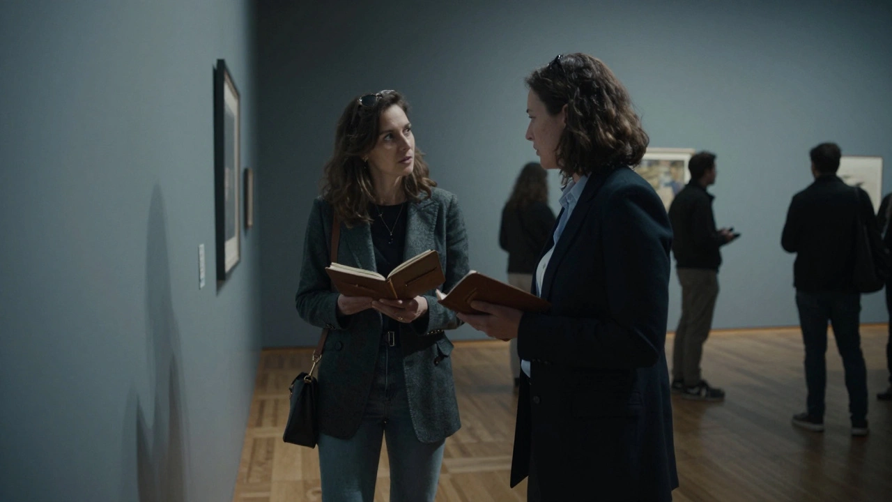 A woman showing art to a client during a private tour at Berlin's gallery after hours.