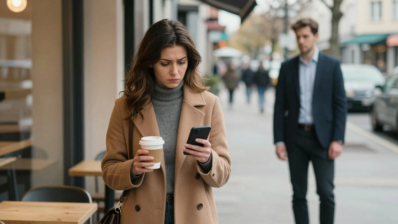 A woman waits outside a café, holding coffee, while a man watches from across the street.