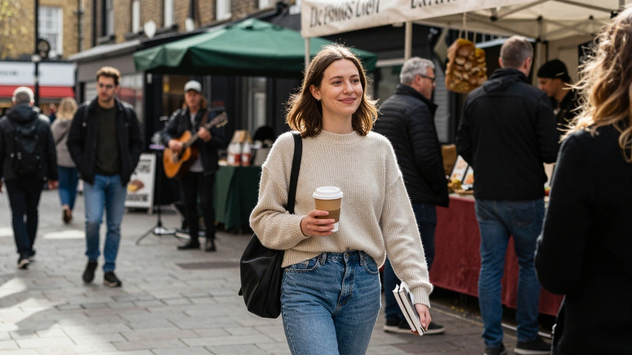 A woman walking through Camden Market in London during daylight, holding a coffee cup and a book.