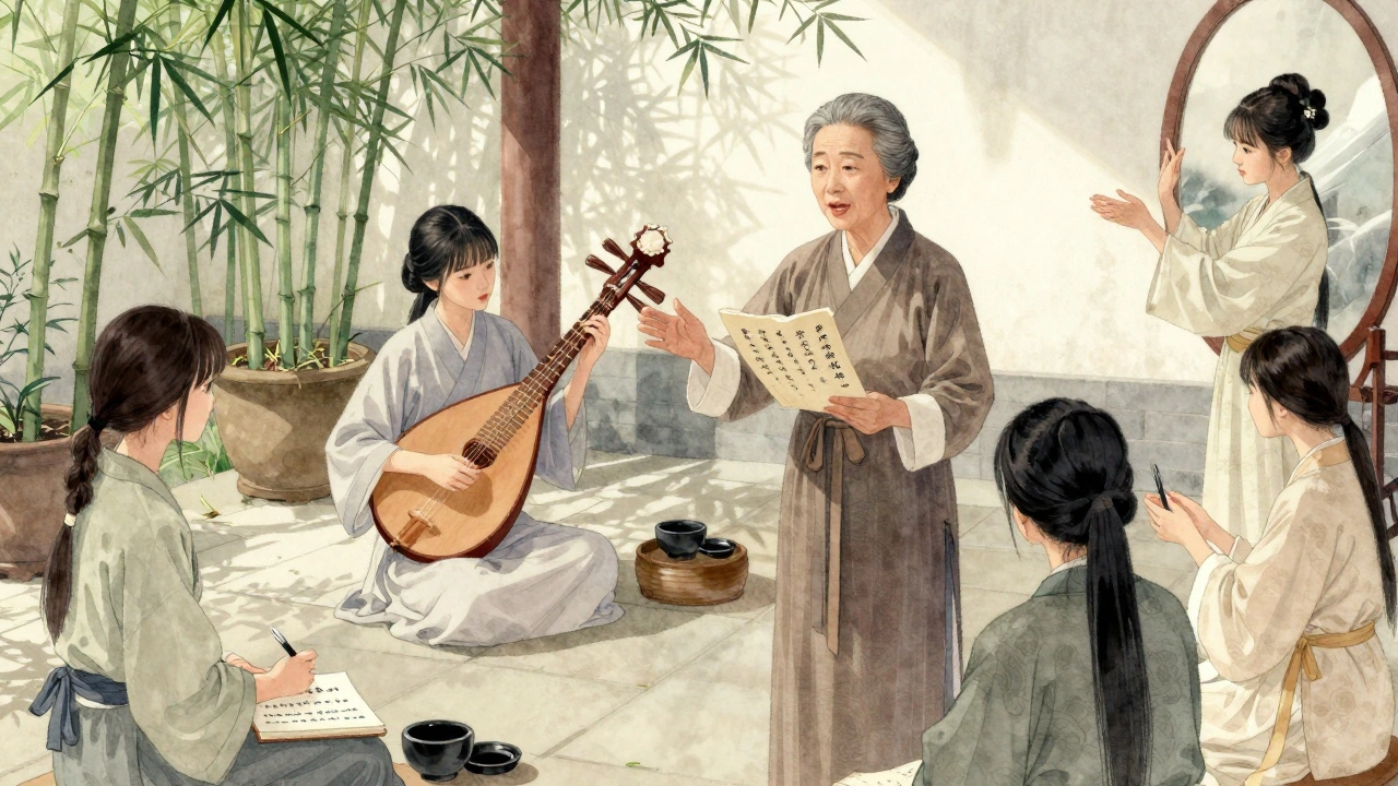 An elder courtesan teaching apprentices poetry and music in a tranquil courtyard.