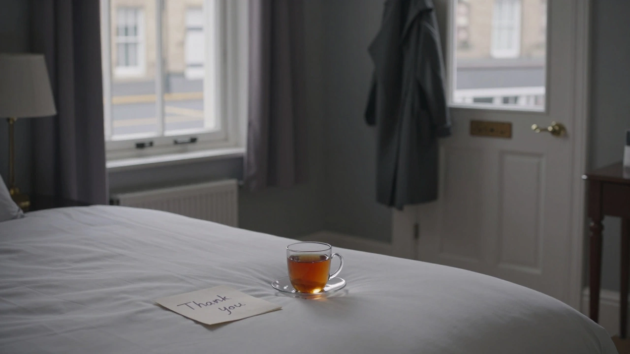 An empty hotel room at dawn, left peacefully after a quiet, respectful session.