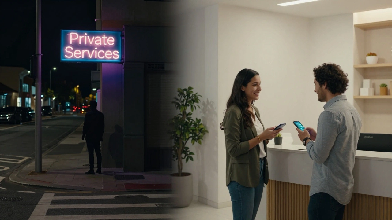 Contrasting scenes: a risky street encounter versus a safe, professional meeting in a hotel lobby.