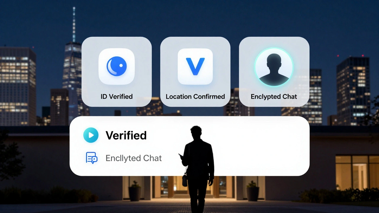 Digital interface showing verified escort profile with encrypted messaging and payment confirmation icons.