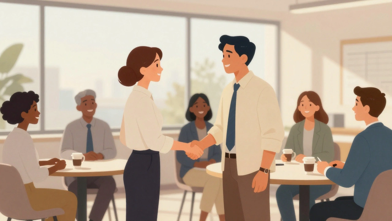 Diverse professionals networking in bright conference room.