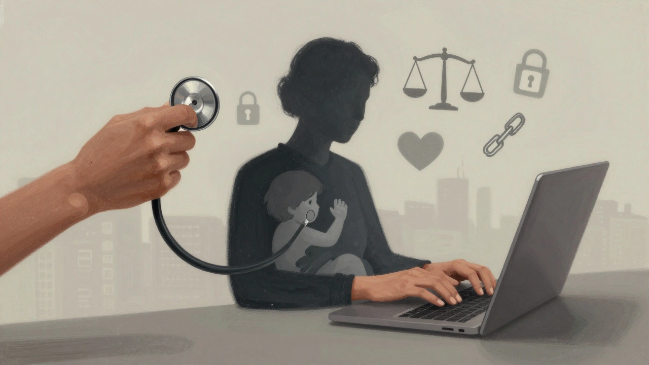 Hands holding symbols of care, work, and family emerging from one silhouette, representing the diverse roles and autonomy of sex workers.